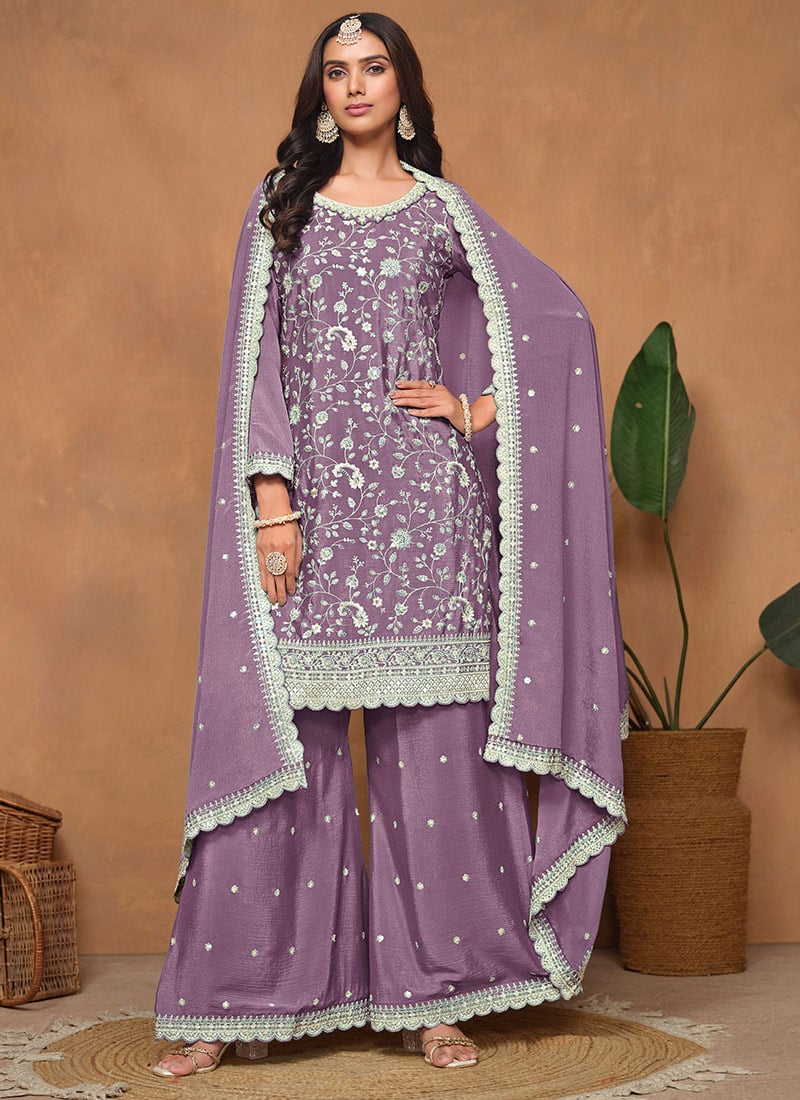 Glamorous Style Lilac Chinon Palazzo Suit With Embroidered Sequins Festive Wear
