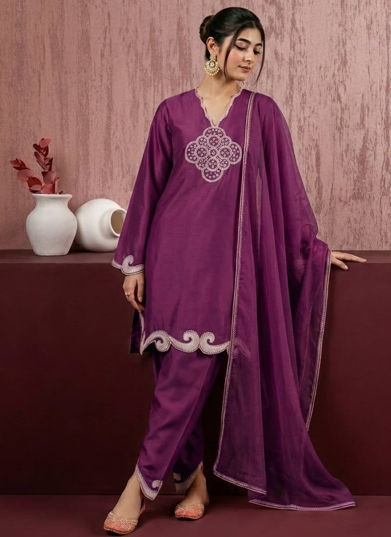 Glamorous Violet Art Silk Embroidered Resham Zari Straight Pant Suit After Six Wear