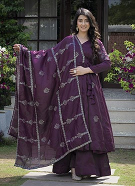 Glamorous Wine  Cosmos Silk Embroidered Sequins Anarkali Suit