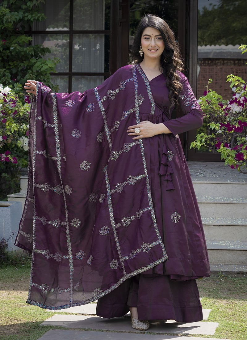 Glamorous Wine Cosmos Silk Embroidered Sequins Anarkali Suit Festive Wear