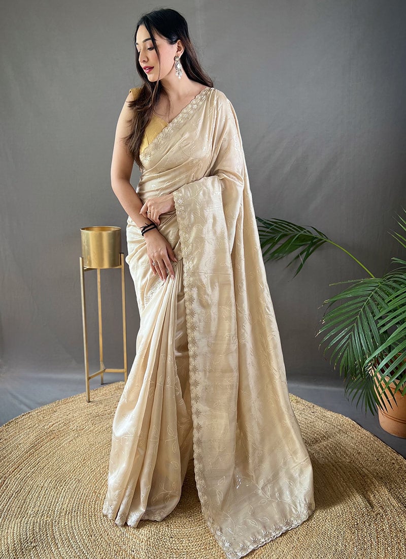 Glamour In Beige Silk Saree With Sequins Embroidery After Six Wear