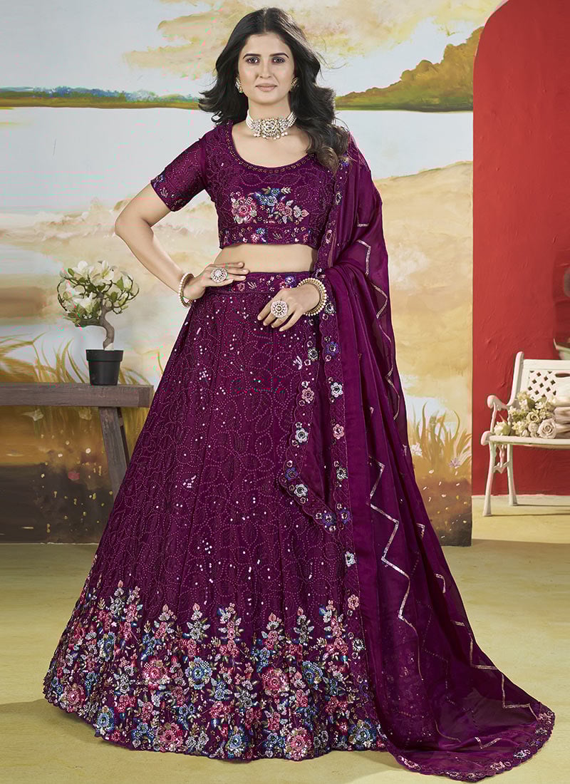 Glamour in Sequins Embroidered Magenta Chinon Lehenga For Celebrations Wedding Wear