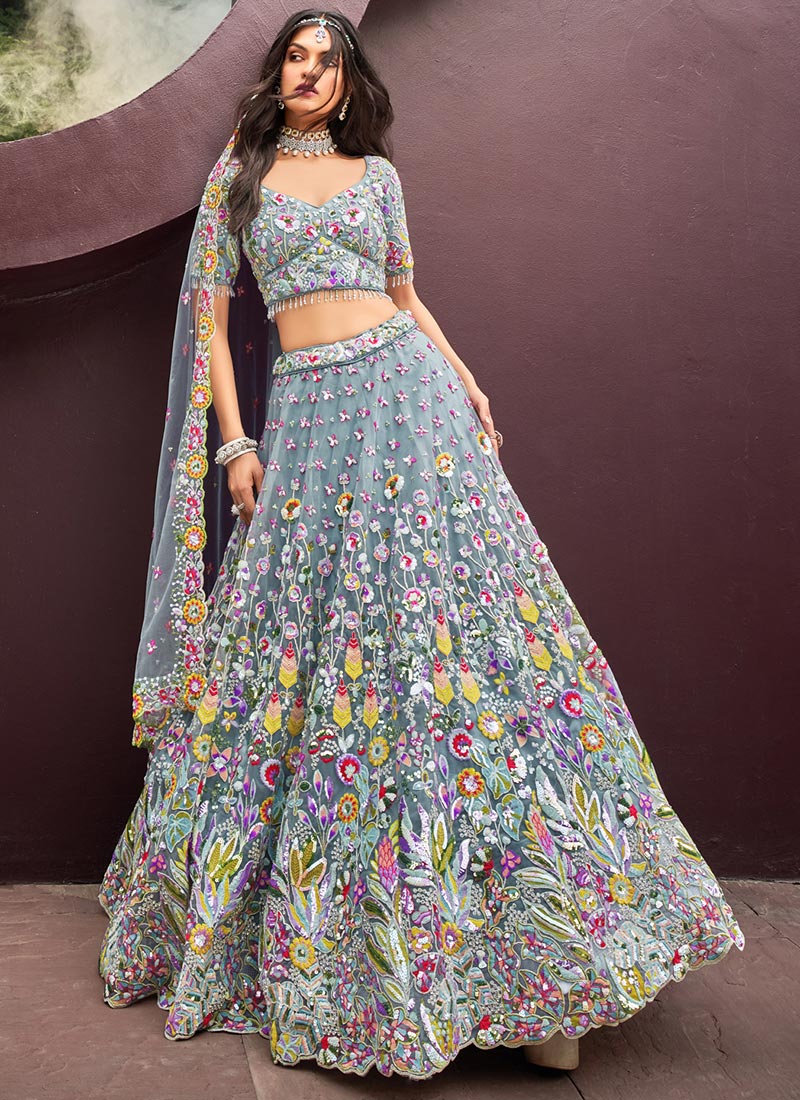 Glamour In Turquoise Net Thread Zarkan Embroidered Sequins Lehenga Wedding Wear-GHSPF5953TUBL