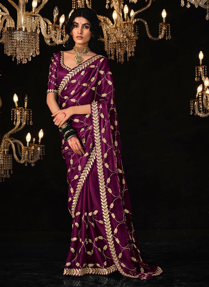Gleaming Grace Purple Tissue Silk Zari Embroidered Sequins Saree Festive Wear