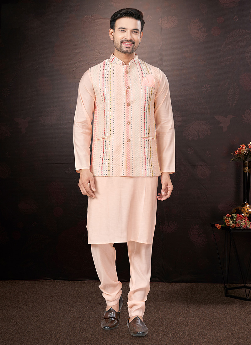 Gleaming Peach Silk Sequins Embroidered Bandi Set Festive Wear