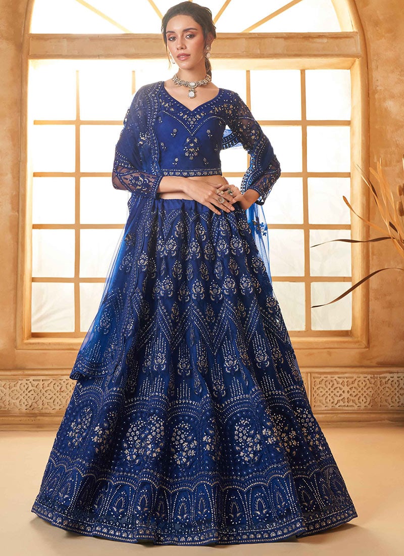 Glorious Blue Net Embroidered Stone Work Lehenga Wedding Wear