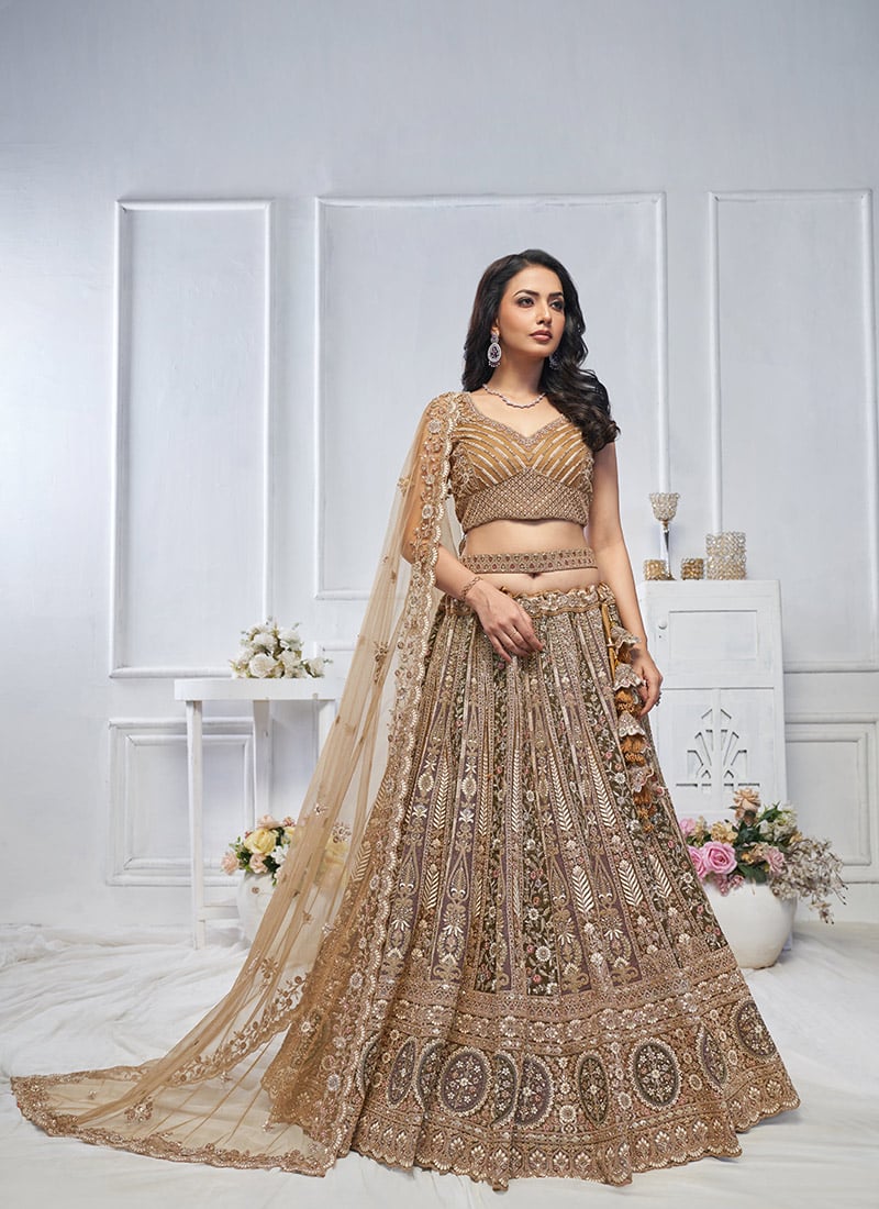 Glorious Brown Net Zarkan Work Zari Embroidered And Stone Sequins Lehenga Wedding Wear