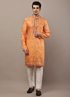 Glossy Orange Viscose Silk Foil Print Kurta Pyjama