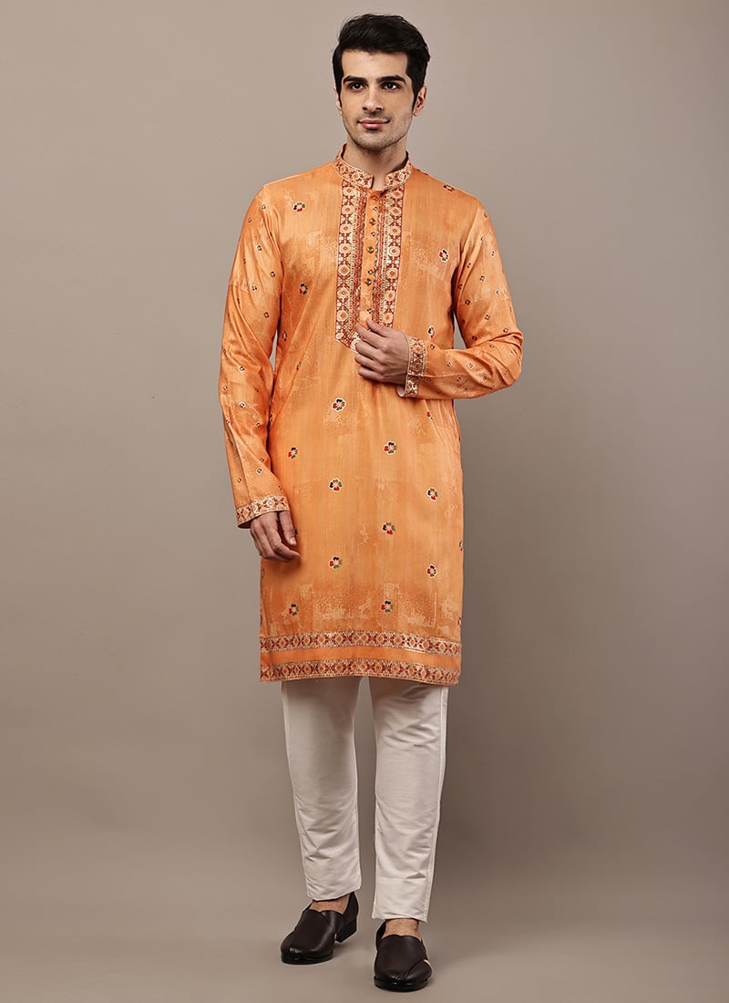 Glossy Mustard Viscose Silk Foil Print Kurta Pyjama Festive Wear