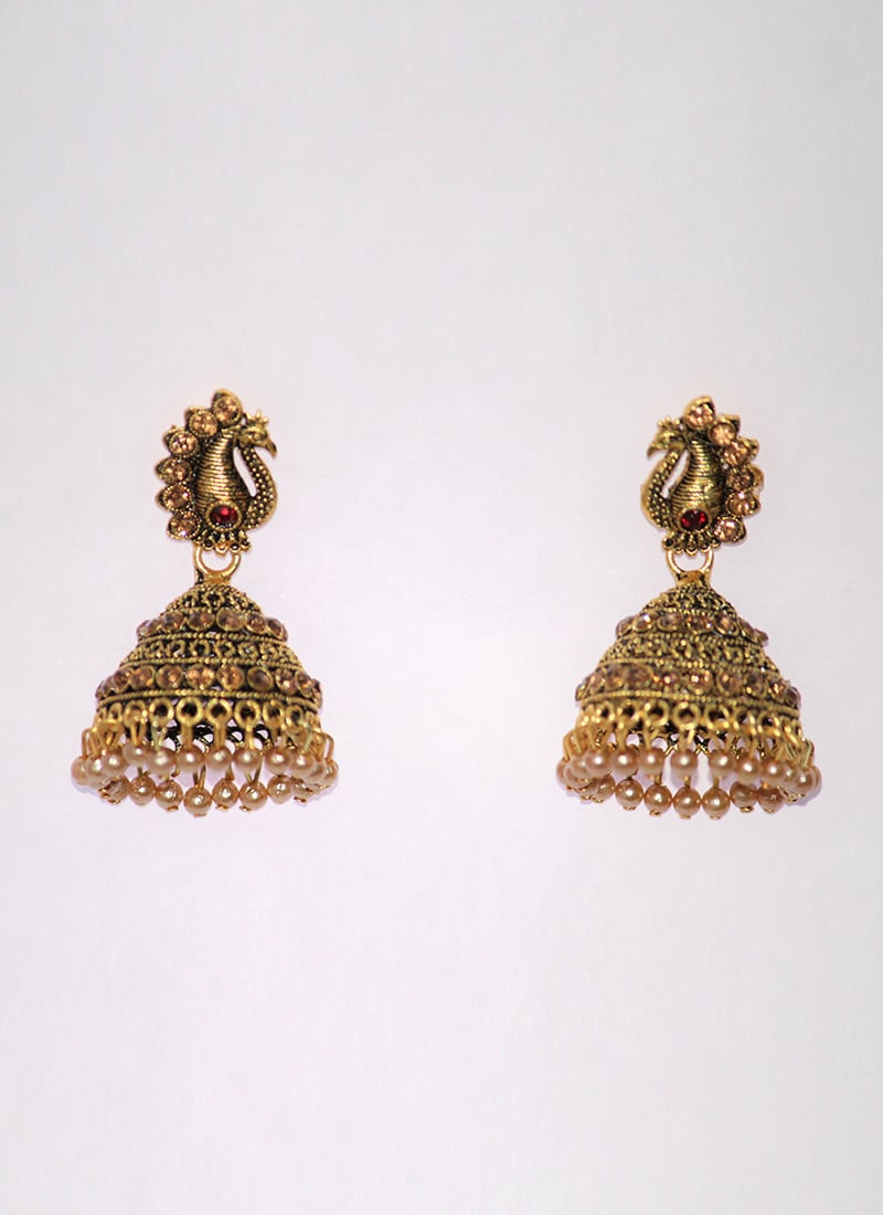 Gold Alloy Stone Studded Jhumka Festive Wear