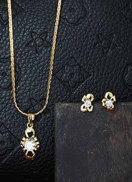 Gold American Diamond Floral Pendant And Stud Earring Set