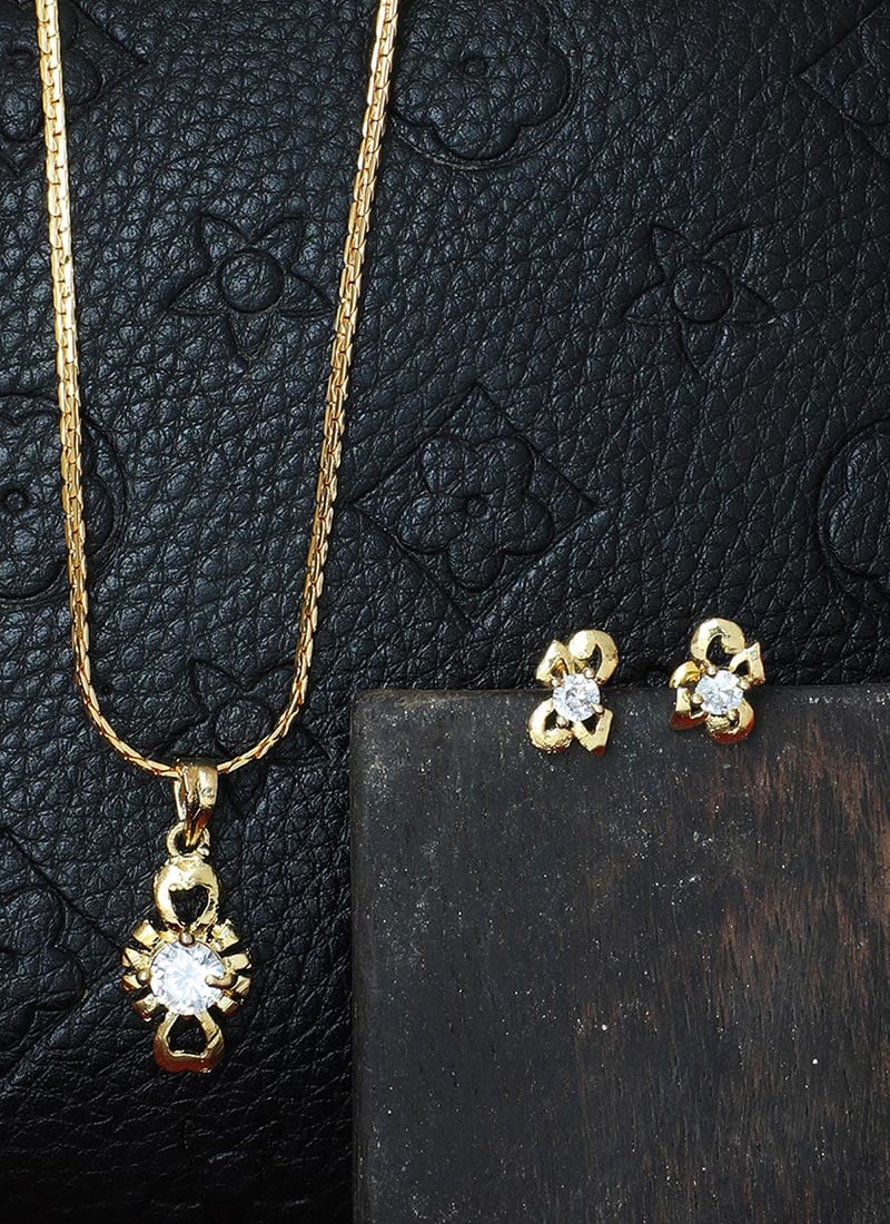 Gold American Diamond Floral Pendant And Stud Earring Set