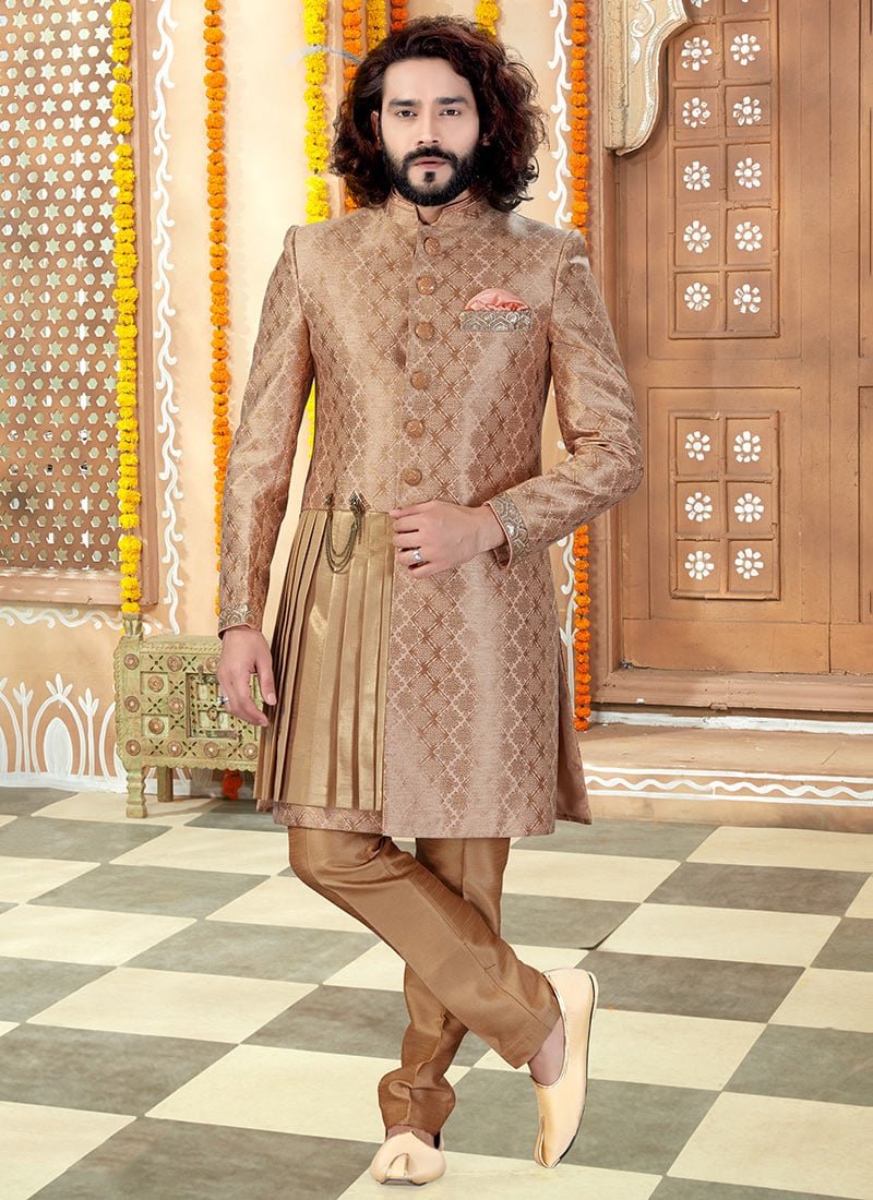 Gold Art Silk Banarasi Indowestern Sherwani Wedding Wear
