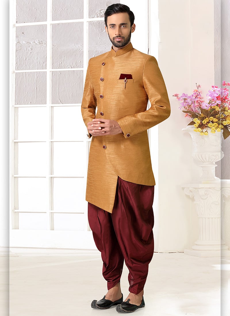 Gold Art Silk Indowestern Sherwani Wedding Wear