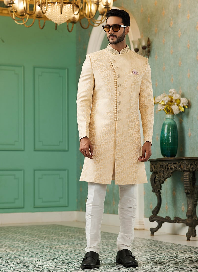 Gold Art Silk Jacquard Indowestern Sherwani Wedding Wear