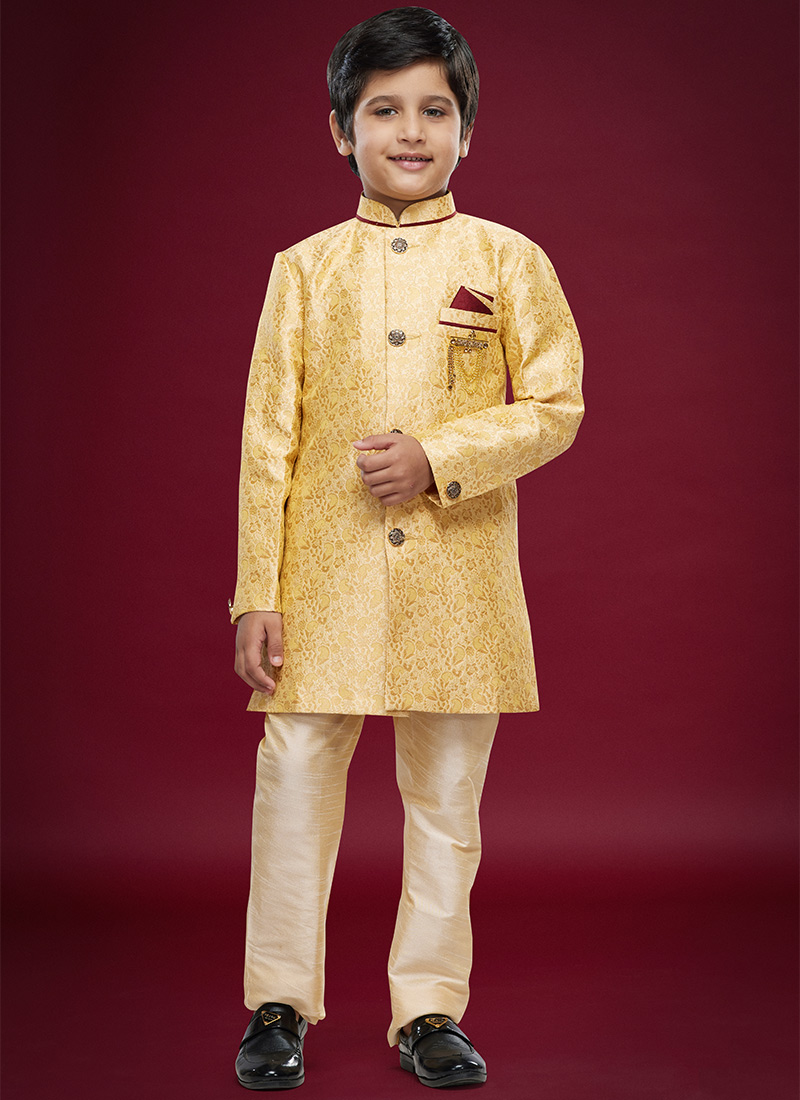 Gold Banarasi Jacquard Kids Boys Indowestern Sherwani Party Wear
