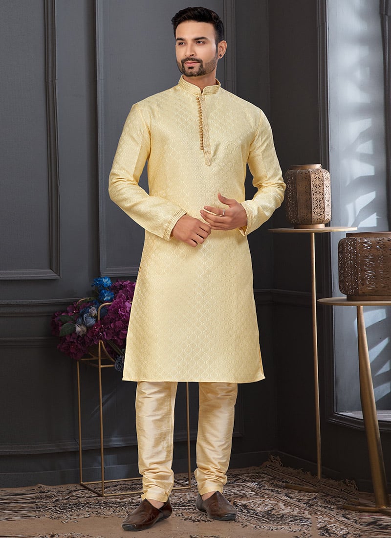 Gold Banarasi Jacquard Silk Kurta Pyjama Festive Wear