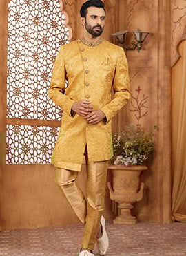 Gold Banarasi Silk Embroidered Indowestern Sherwani