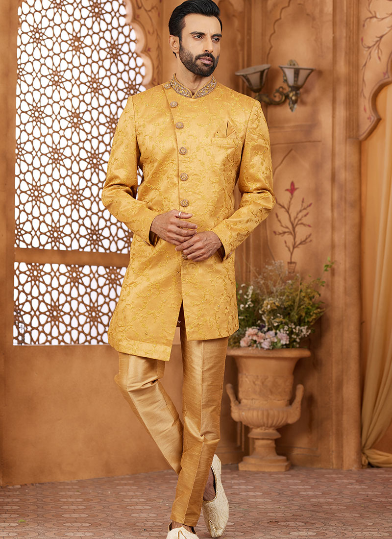 Gold Banarasi Silk Embroidered Indowestern Sherwani
