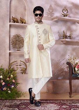 Gold Banarasi Silk Jacquard Zardosi Stone Sequins Indowestern Sherwani