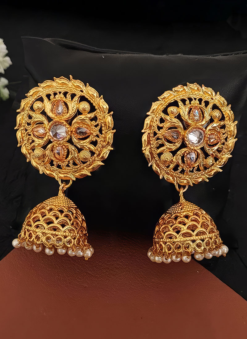 Gold Beaded Kundan Jhumka