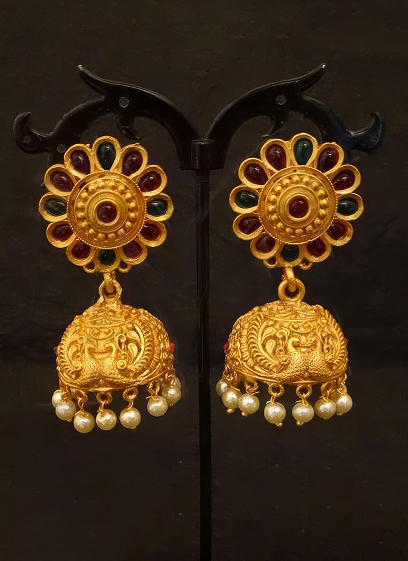 Gold Beaded Kundan Jhumka Festive Wear
