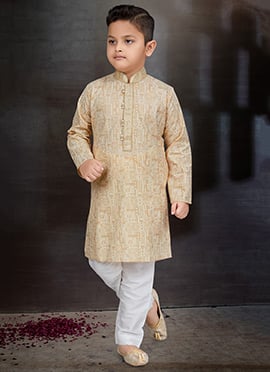 Gold Blended Cotton Printed Kids Boys Kurta Pyjama