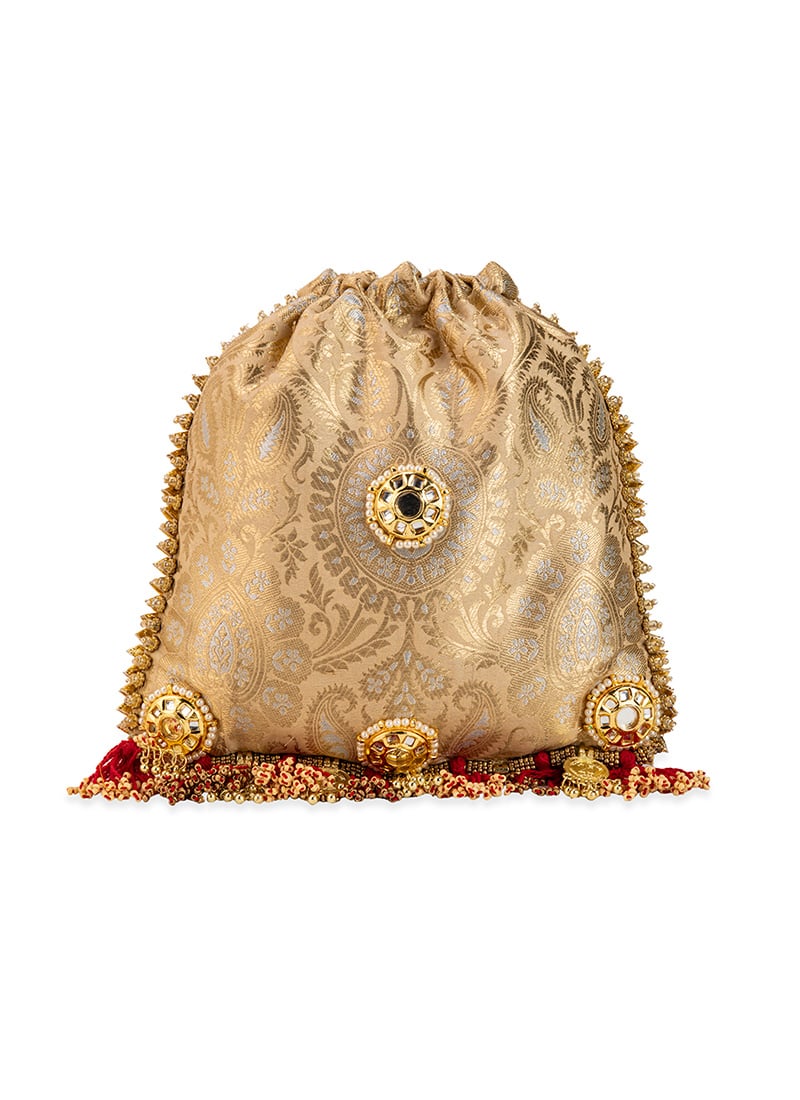 Gold Brocade Beads Potli Wedding Wear