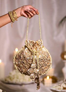 Gold Brocade Gota And Beads Embroidered Potli