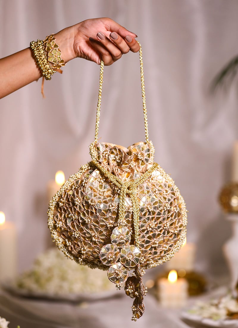 Gold Brocade Gota And Beads Embroidered Potli