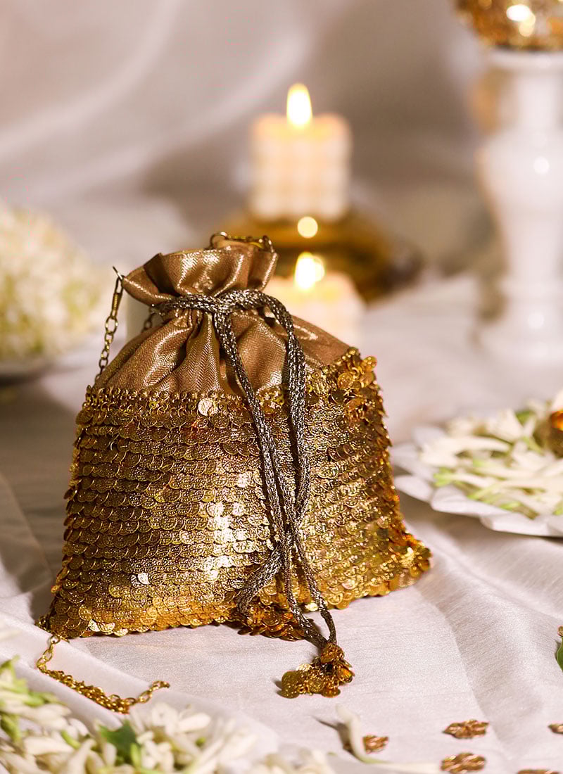 Gold Brocade Sequins Potli For Women