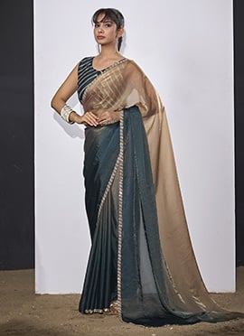 Gold Brown Fendi Satin Tikki Work Elegant Saree