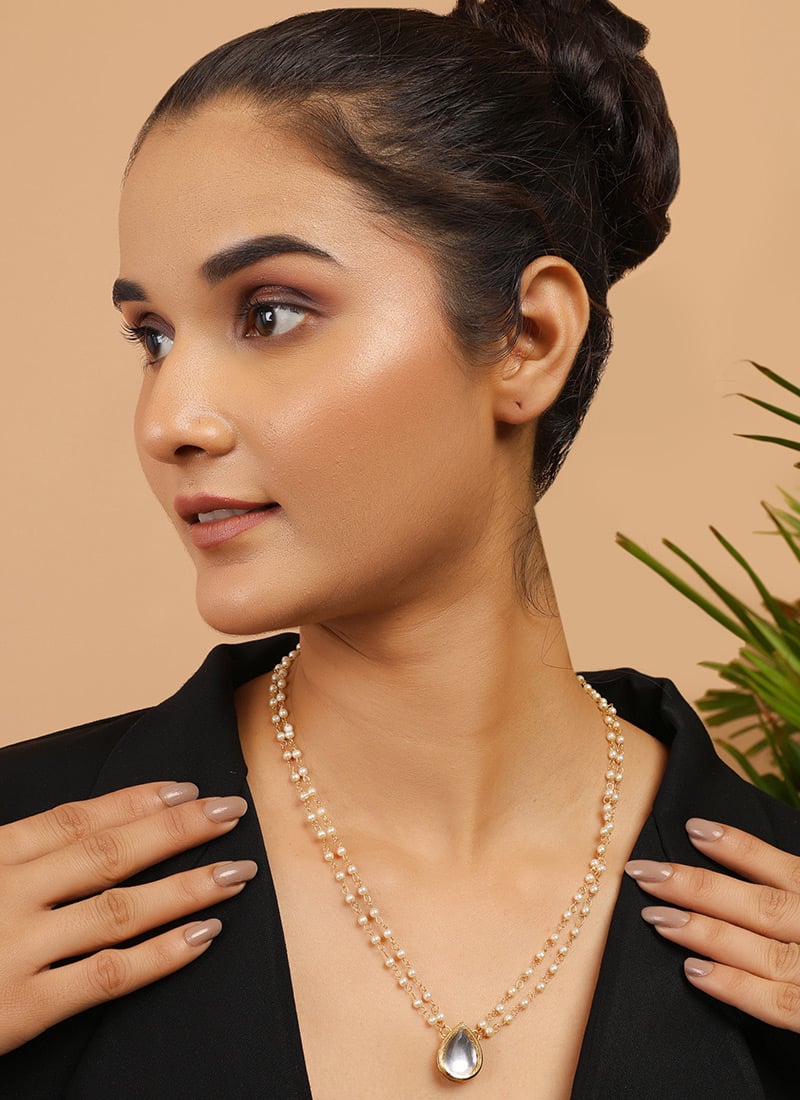 Gold Copper Kundan Necklace With Beads Festive Wear