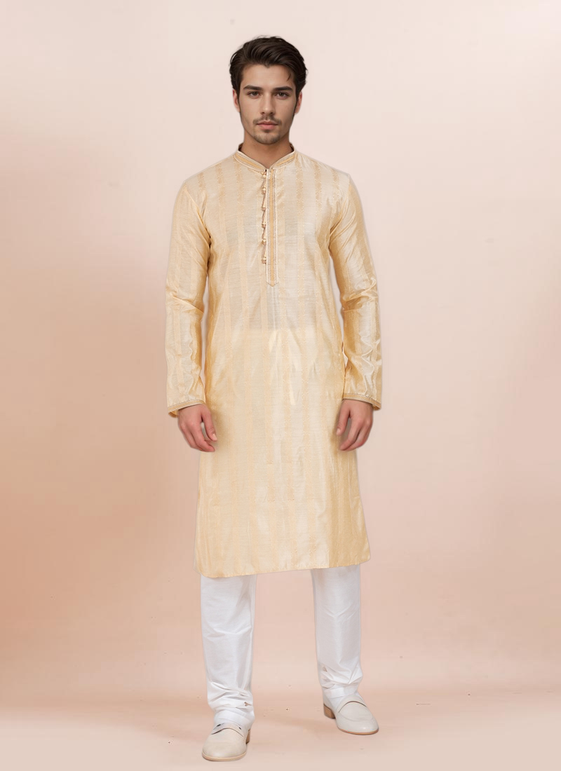 Gold Cotton Silk Jacquard Kurta Pyjama