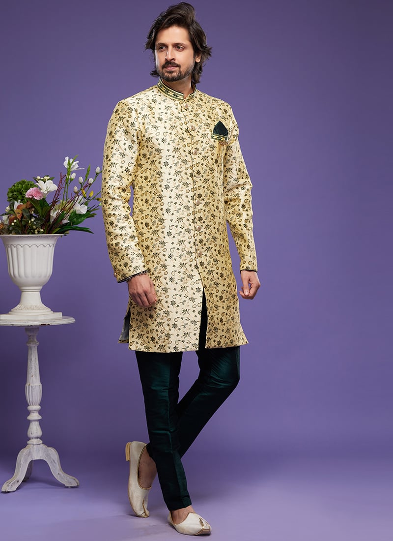 Golden Art Silk Jacquard Classic Sherwani