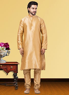 Gold Dupion Silk Soild Plain Kurta Pyjama