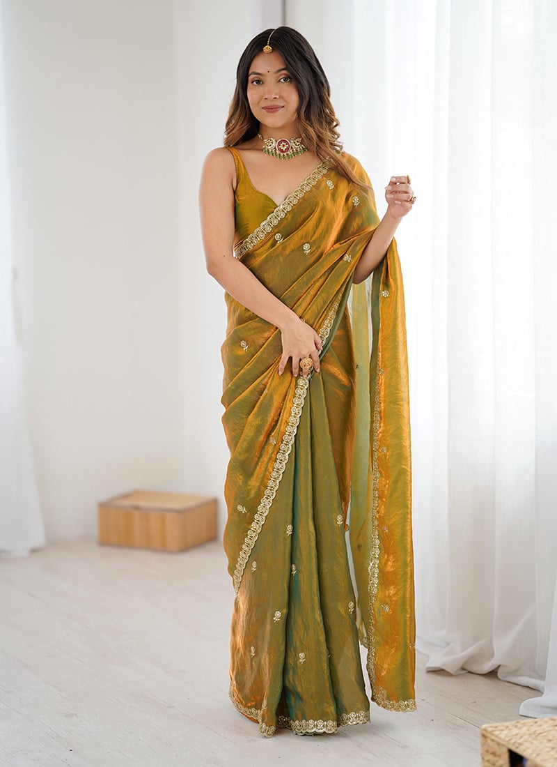 Gold Fandy Satin Embroidered Sequins Two Tone Saree After Six Wear