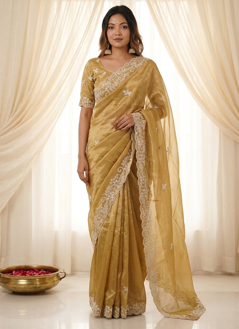 Gold Fandy Satin Silk Embroidered Sequins Saree Festive Wear