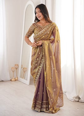Gold Fandy Silk Embroidered Sequins Saree
