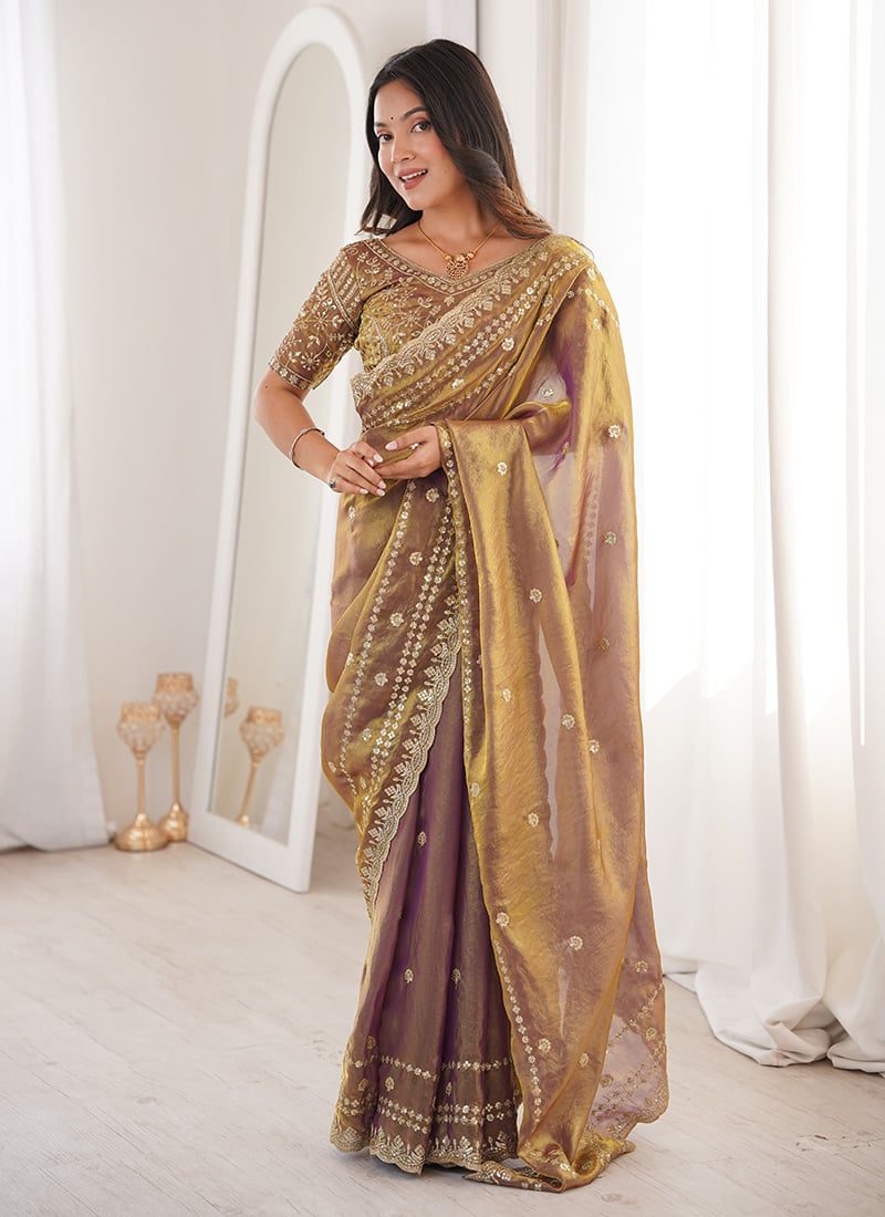 Gold Fandy Silk Embroidered Sequins Saree Festive Wear