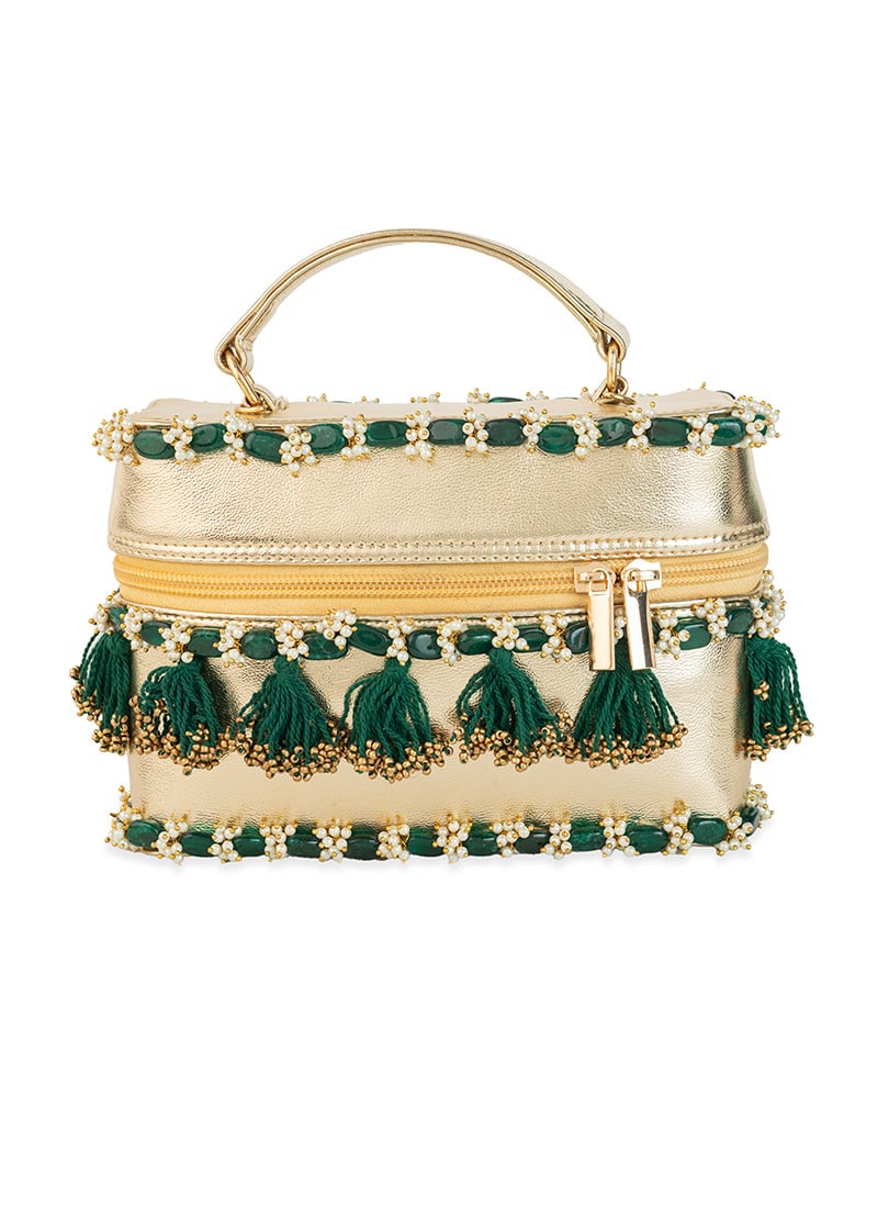 Gold Faux Leather Beads Hand Bag Wedding Wear