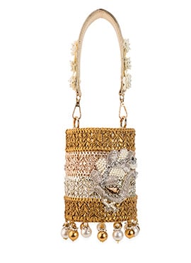 Gold Faux Leather Gota Beads Embroidered Potli