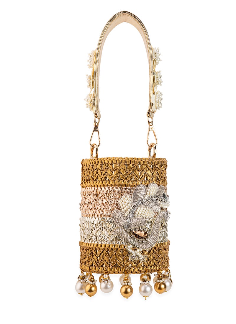 Gold Faux Leather Gota Beads Embroidered Potli Wedding Wear