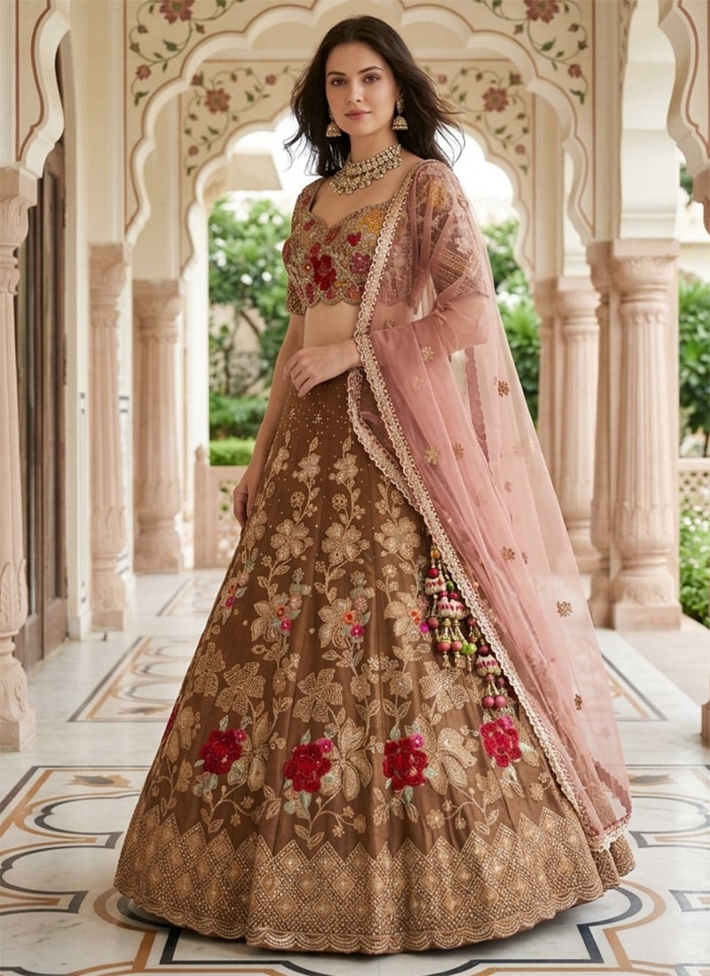 Gold Fendy Silk Embroidery Sequins Lehenga Wedding Wear