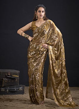 Gold Fendy Silk Foil Print Zarkan Stone Work Saree