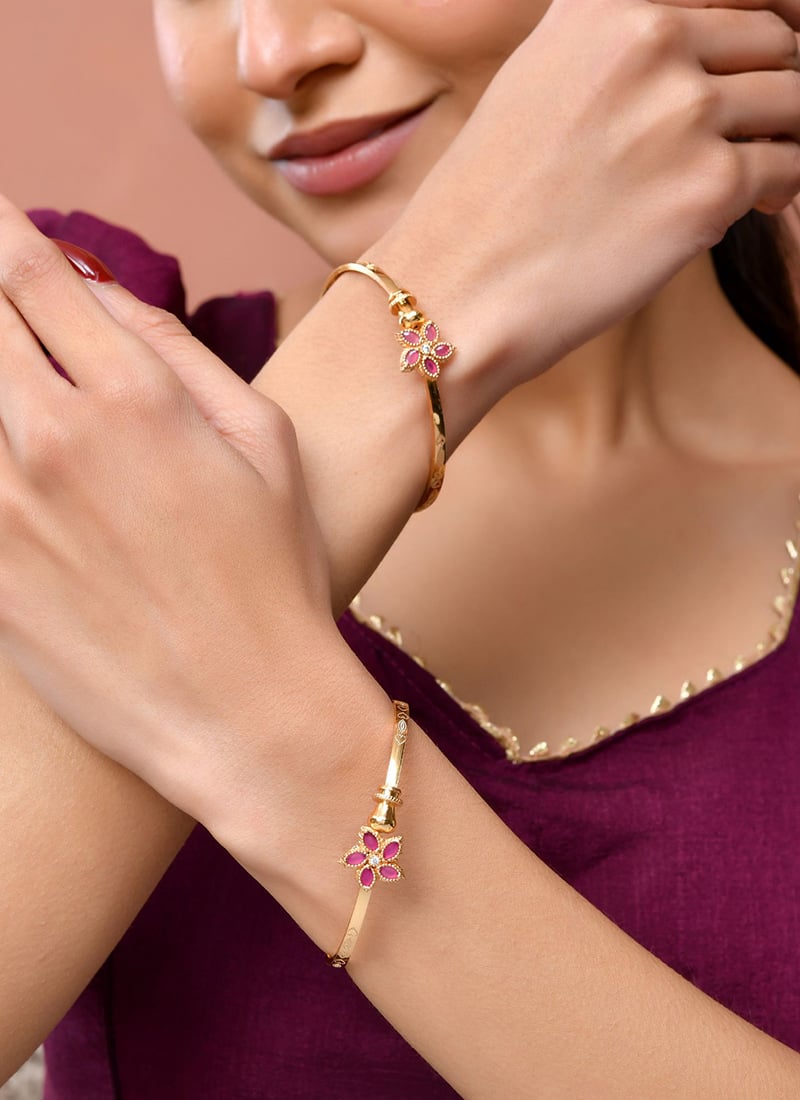 Gold Finish Kundan Floral Stone Bangles Set For Women Festive Wear