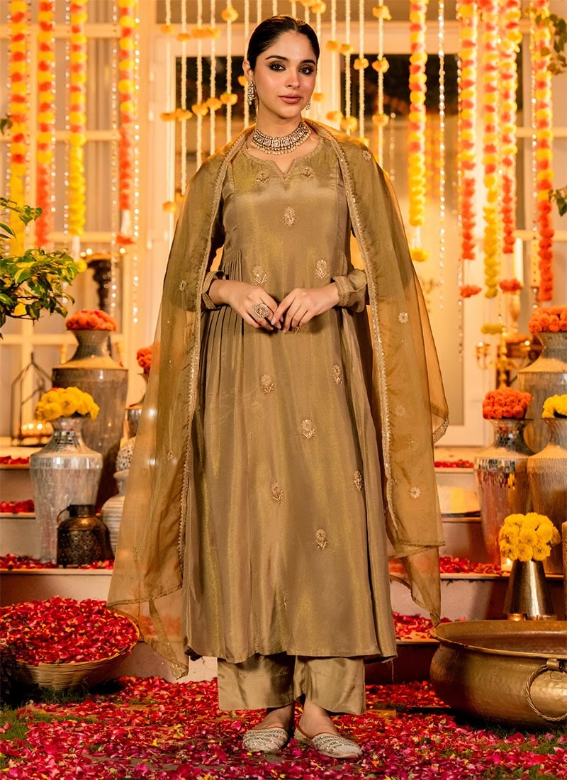 Gold Floral Embroidered Chanderi Silk Anarkali Suit Festive Wear