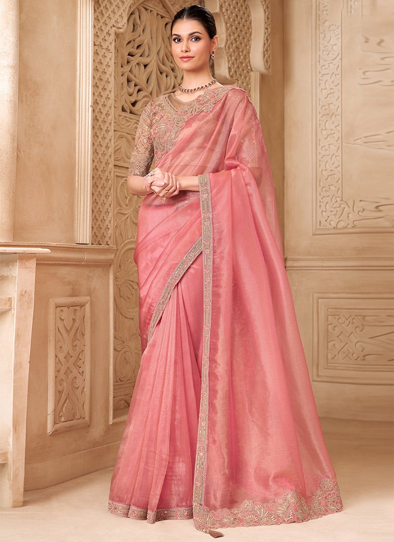 Gold Georgette Embroidered Sequins Saree Wedding Wear