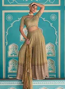 Gold Georgette Zari Sequins Embroidered Indowestern Palazzo Set