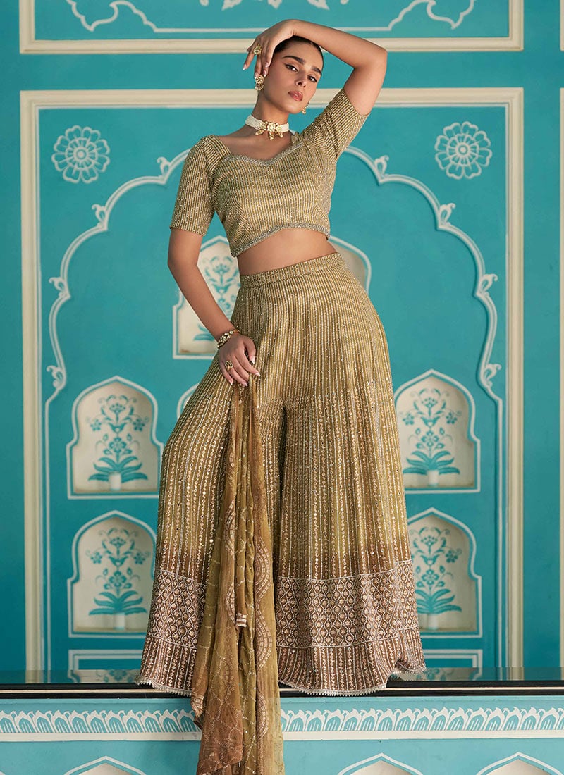 Gold Georgette Zari Sequins Embroidered Indowestern Palazzo Set Wedding Wear